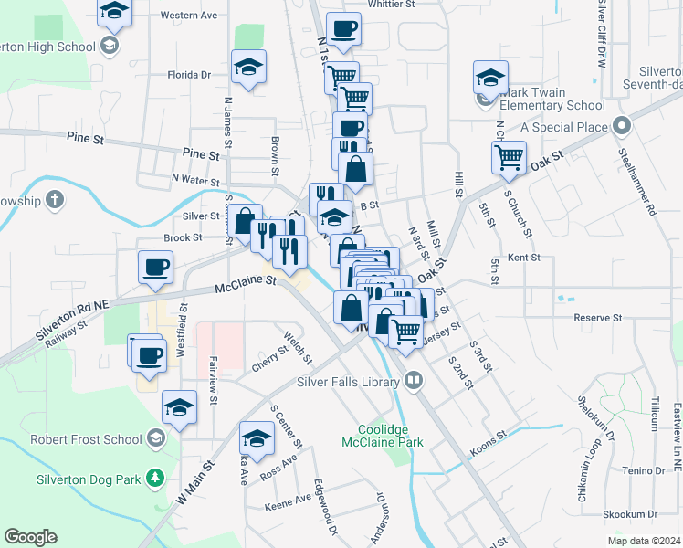 map of restaurants, bars, coffee shops, grocery stores, and more near 401 North Water Street in Silverton
