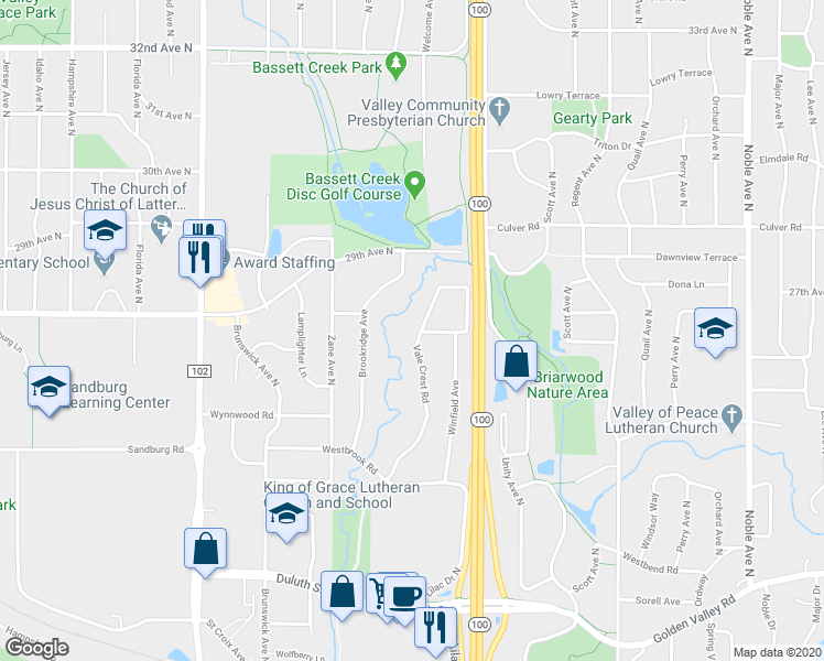 map of restaurants, bars, coffee shops, grocery stores, and more near 2605 Vale Crest Road in Minneapolis