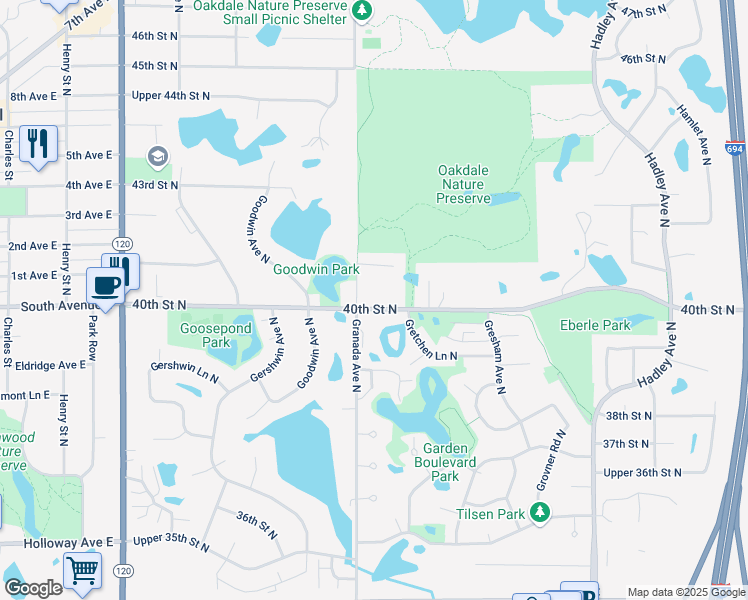 map of restaurants, bars, coffee shops, grocery stores, and more near 4061 Granada Avenue North in Oakdale