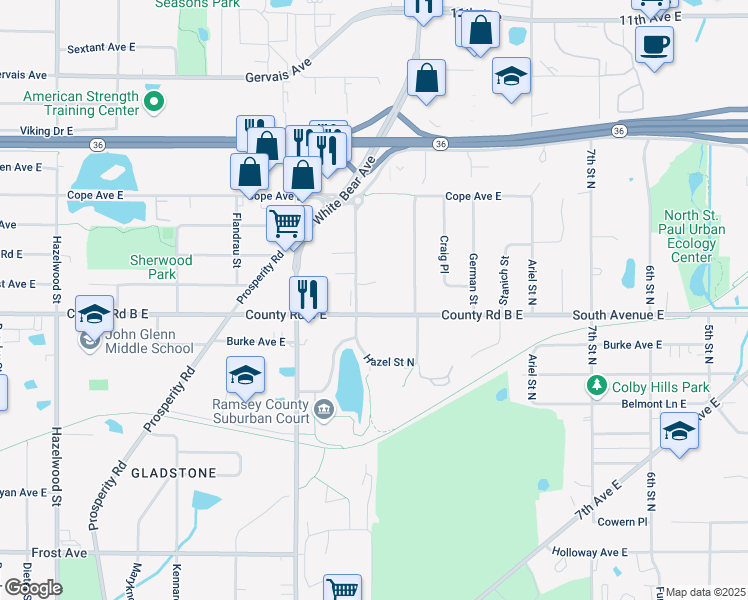 map of restaurants, bars, coffee shops, grocery stores, and more near 2191 Van Dyke Street in Maplewood