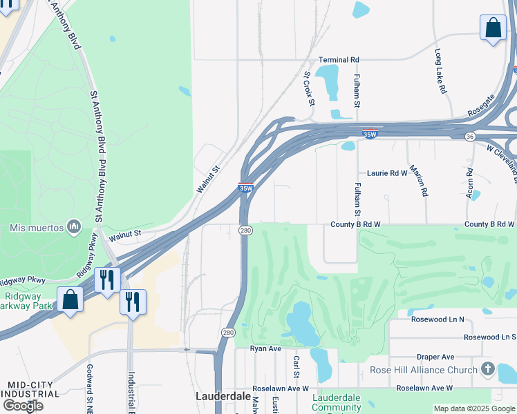 map of restaurants, bars, coffee shops, grocery stores, and more near 2447 County B Road West in Roseville