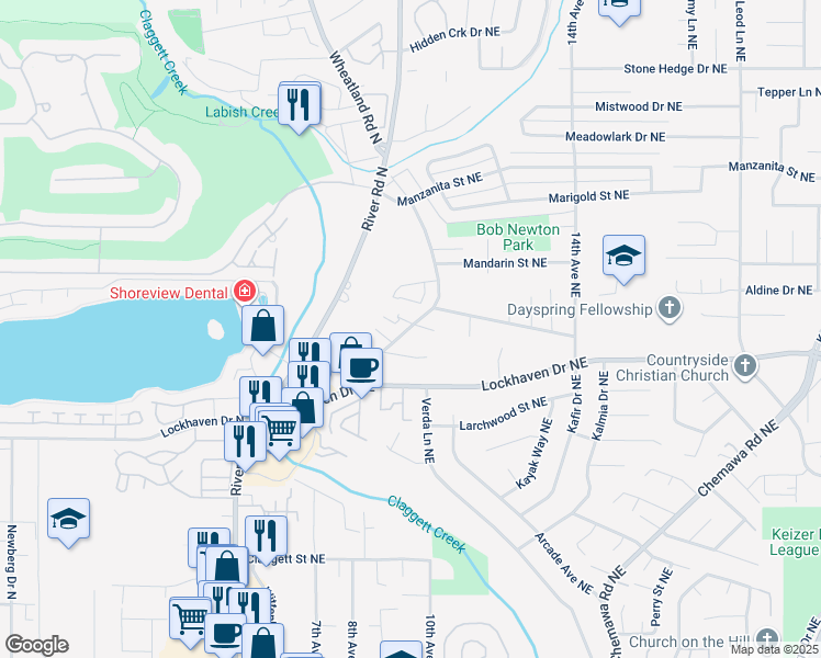 map of restaurants, bars, coffee shops, grocery stores, and more near 5935 Trail Avenue Northeast in Keizer