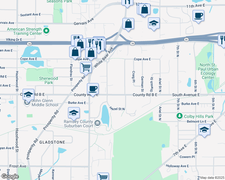 map of restaurants, bars, coffee shops, grocery stores, and more near 2191 Van Dyke Street in Maplewood