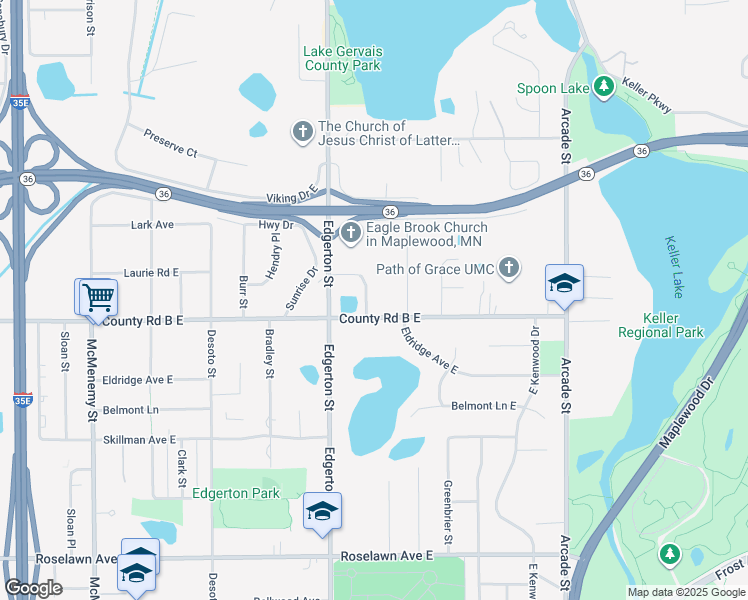 map of restaurants, bars, coffee shops, grocery stores, and more near 625 County Road B East in Maplewood