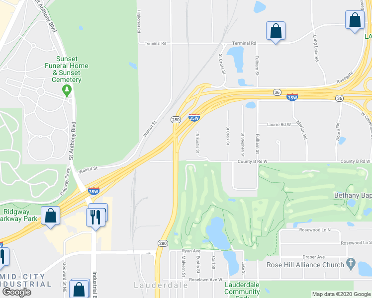 map of restaurants, bars, coffee shops, grocery stores, and more near 2447 County B Road West in Roseville