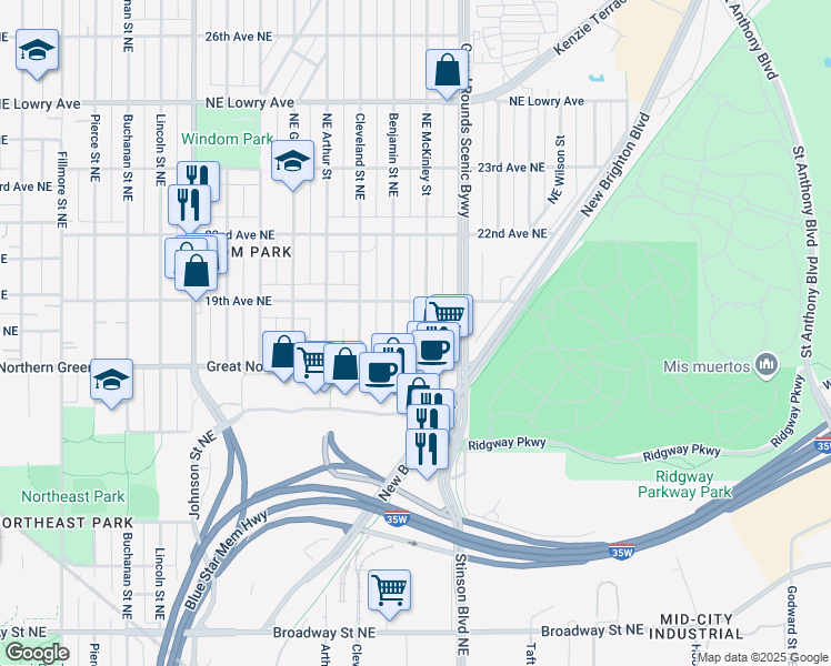 map of restaurants, bars, coffee shops, grocery stores, and more near 2308 19th Avenue Northeast in Minneapolis