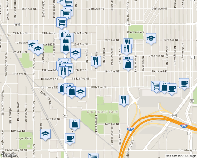 map of restaurants, bars, coffee shops, grocery stores, and more near 1214 19th Avenue Northeast in Minneapolis