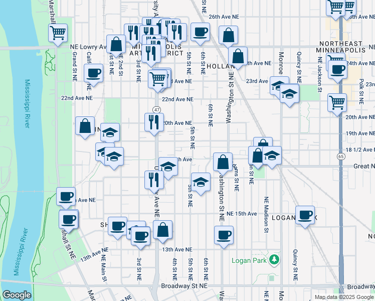 map of restaurants, bars, coffee shops, grocery stores, and more near 413 19th Avenue Northeast in Minneapolis
