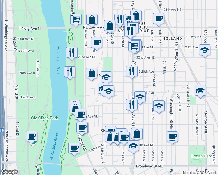 map of restaurants, bars, coffee shops, grocery stores, and more near 2000 Northeast 2nd Street in Minneapolis