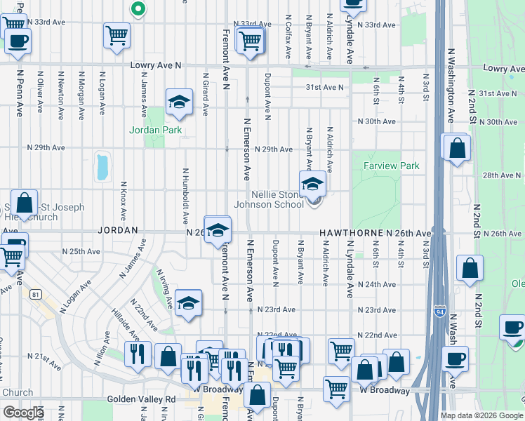 map of restaurants, bars, coffee shops, grocery stores, and more near 2654 North Emerson Avenue in Minneapolis