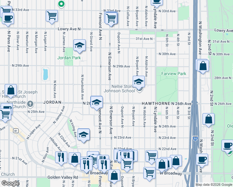 map of restaurants, bars, coffee shops, grocery stores, and more near 2654 North Emerson Avenue in Minneapolis