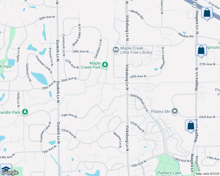 map of restaurants, bars, coffee shops, grocery stores, and more near 16025 26th Avenue North in Minneapolis