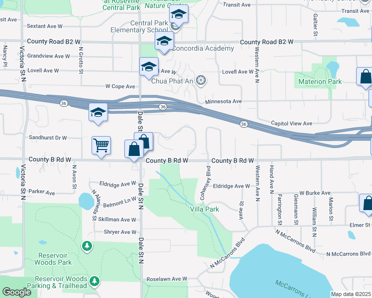 map of restaurants, bars, coffee shops, grocery stores, and more near 560 Sandhurst Drive West in Roseville