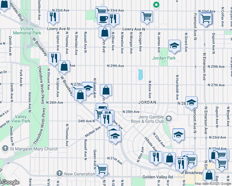 map of restaurants, bars, coffee shops, grocery stores, and more near 2647 North Newton Avenue in Minneapolis
