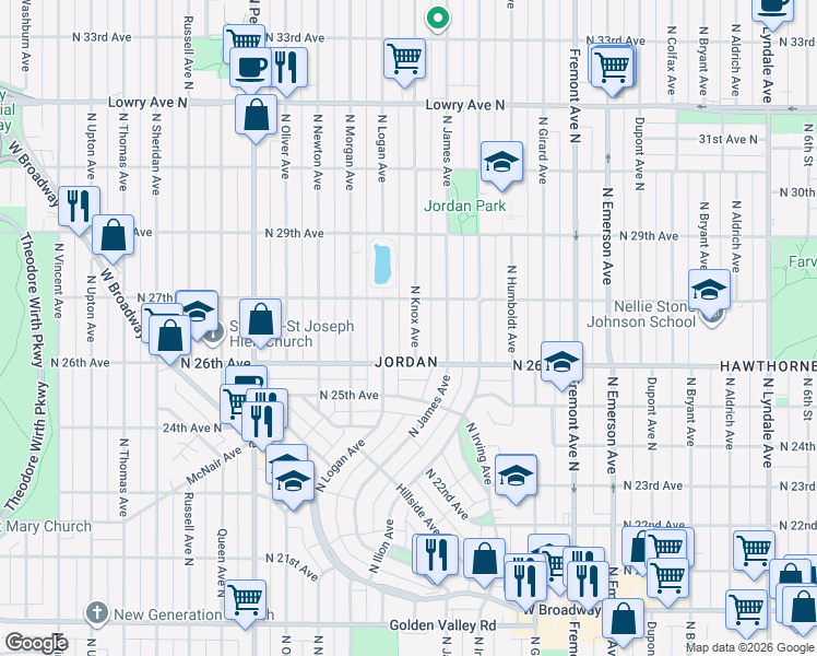 map of restaurants, bars, coffee shops, grocery stores, and more near 2650 North Knox Avenue in Minneapolis