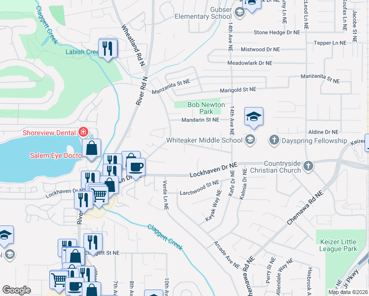 map of restaurants, bars, coffee shops, grocery stores, and more near Benevan Court Northeast in Keizer