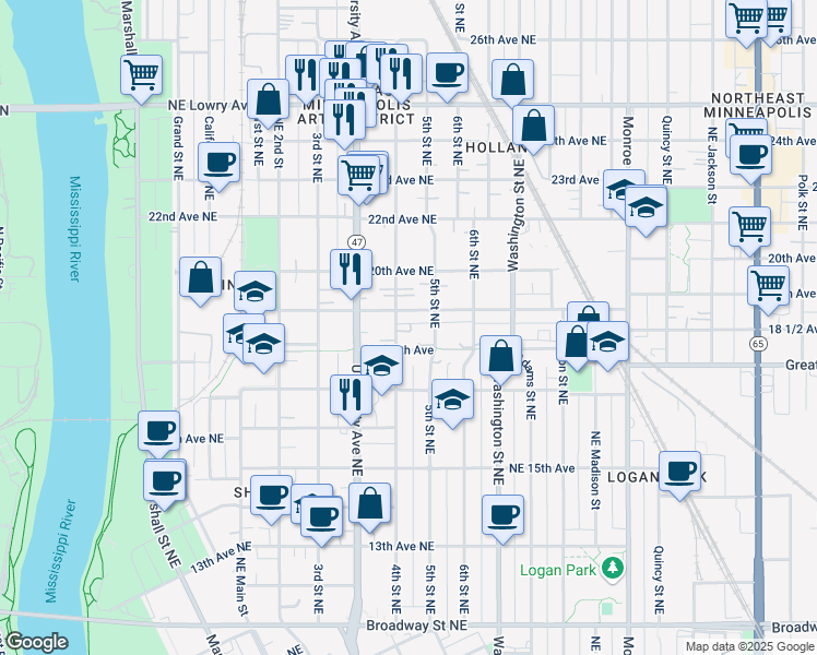 map of restaurants, bars, coffee shops, grocery stores, and more near 413 19th Avenue Northeast in Minneapolis
