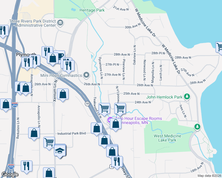 map of restaurants, bars, coffee shops, grocery stores, and more near 12800 26th Avenue North in Minneapolis
