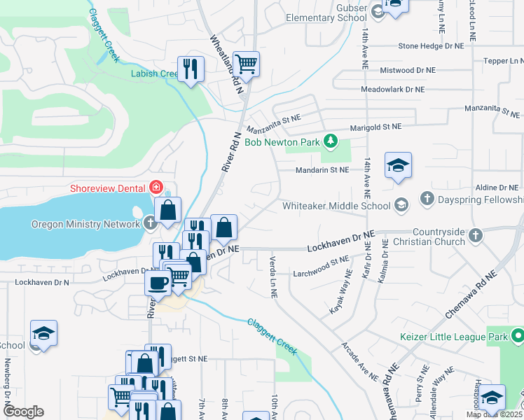 map of restaurants, bars, coffee shops, grocery stores, and more near 5935 Trail Avenue Northeast in Keizer