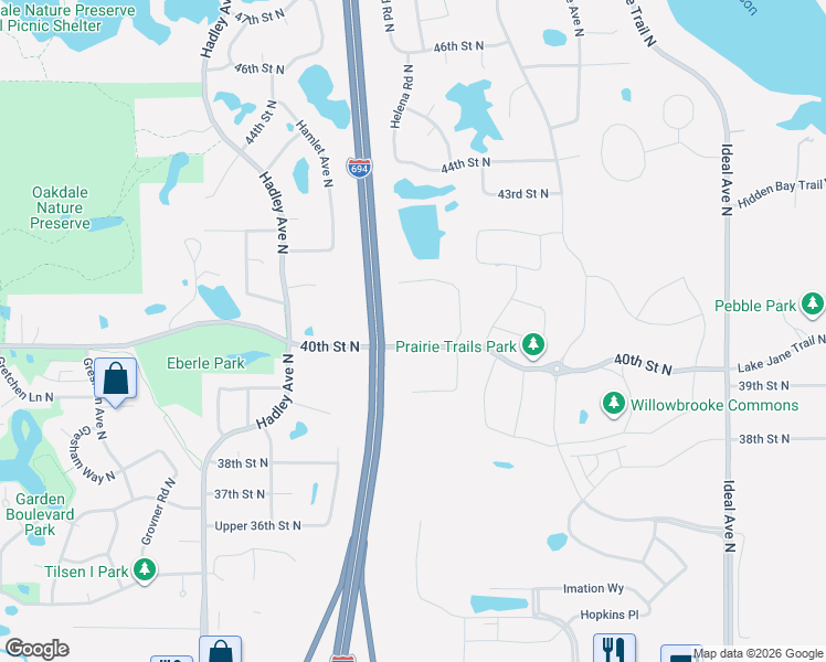 map of restaurants, bars, coffee shops, grocery stores, and more near 7371 40th Street North in Oakdale