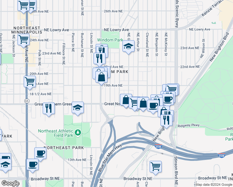 map of restaurants, bars, coffee shops, grocery stores, and more near 1849 Ulysses Street Northeast in Minneapolis