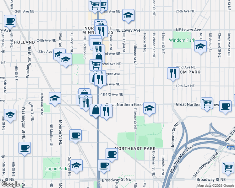 map of restaurants, bars, coffee shops, grocery stores, and more near 1018 19th Avenue Northeast in Minneapolis