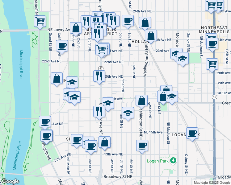 map of restaurants, bars, coffee shops, grocery stores, and more near 413 19th Avenue Northeast in Minneapolis