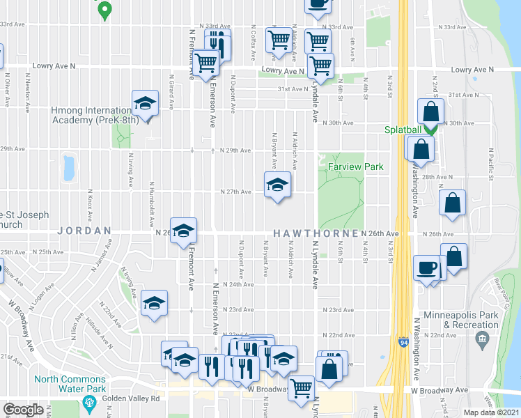 map of restaurants, bars, coffee shops, grocery stores, and more near 2650 North Colfax Avenue in Minneapolis