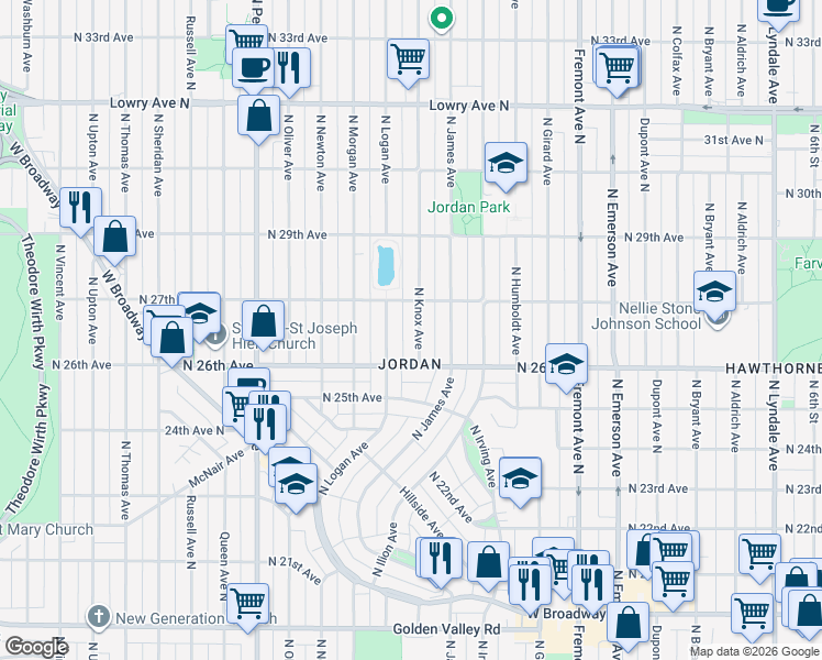 map of restaurants, bars, coffee shops, grocery stores, and more near 2650 North Knox Avenue in Minneapolis
