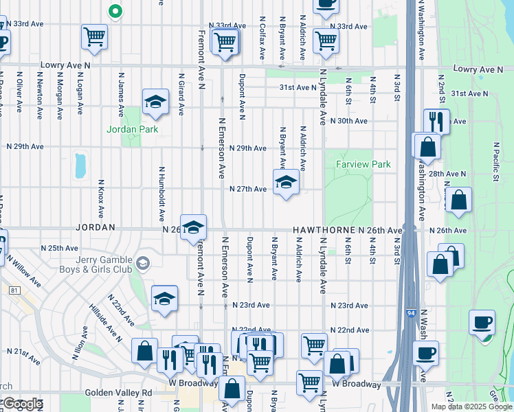 map of restaurants, bars, coffee shops, grocery stores, and more near 2654 Dupont Avenue North in Minneapolis
