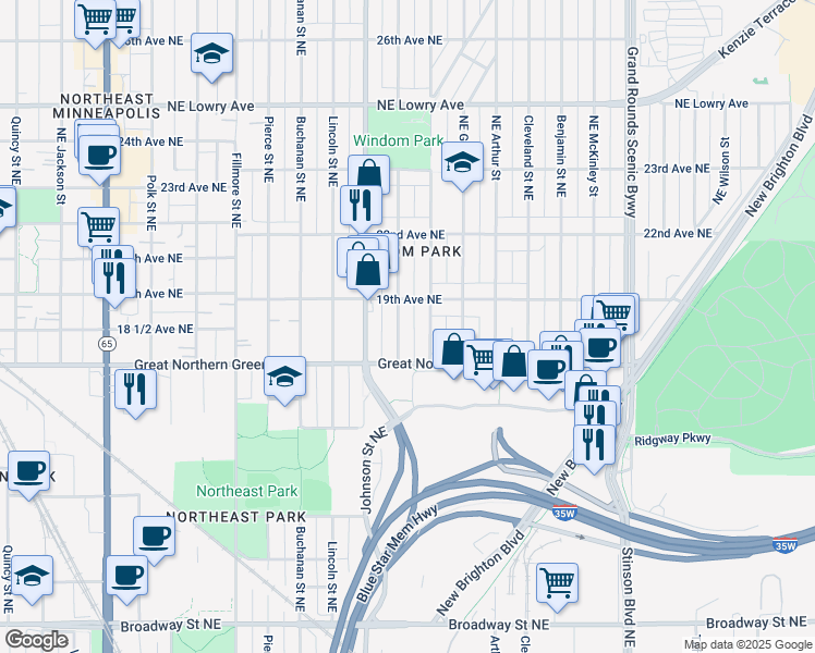 map of restaurants, bars, coffee shops, grocery stores, and more near 1849 Ulysses Street Northeast in Minneapolis