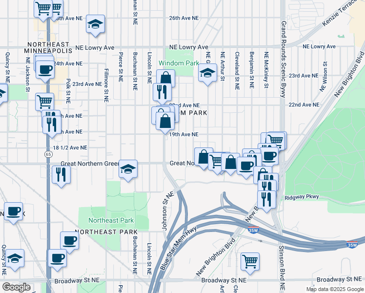 map of restaurants, bars, coffee shops, grocery stores, and more near 1849 Ulysses Street Northeast in Minneapolis