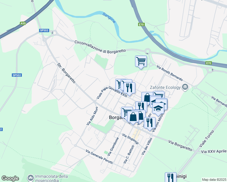 map of restaurants, bars, coffee shops, grocery stores, and more near 28 Viale Papa Giovanni XXIII in Borgaretto