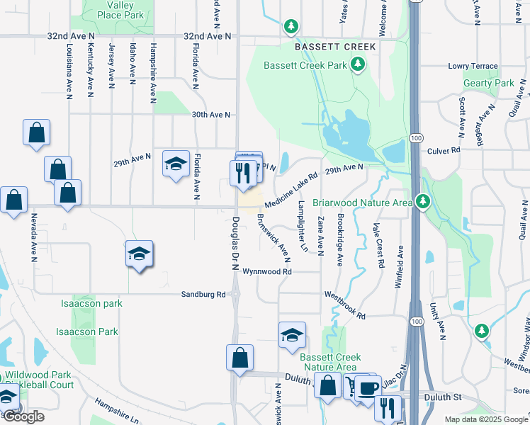 map of restaurants, bars, coffee shops, grocery stores, and more near 2560 Brunswick Avenue North in Minneapolis