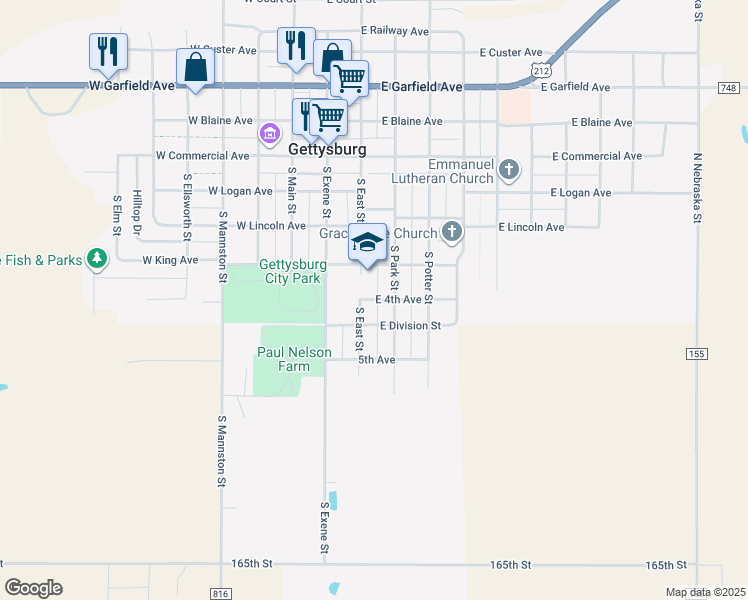 map of restaurants, bars, coffee shops, grocery stores, and more near 121 East 4th Avenue in Gettysburg