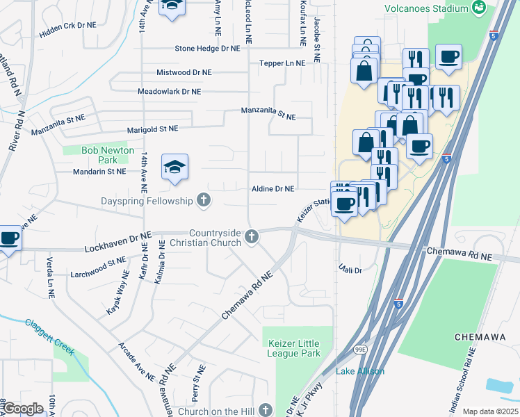 map of restaurants, bars, coffee shops, grocery stores, and more near 2117 Dennis Ray Avenue Northeast in Keizer