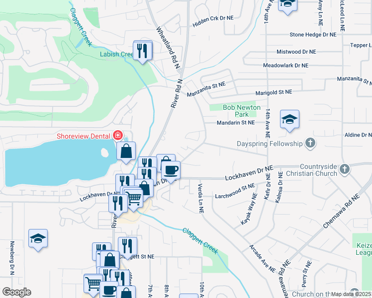 map of restaurants, bars, coffee shops, grocery stores, and more near 5955 Trail Avenue Northeast in Keizer