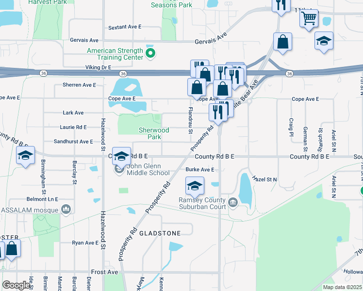 map of restaurants, bars, coffee shops, grocery stores, and more near 1695 Sandhurst Avenue East in Maplewood