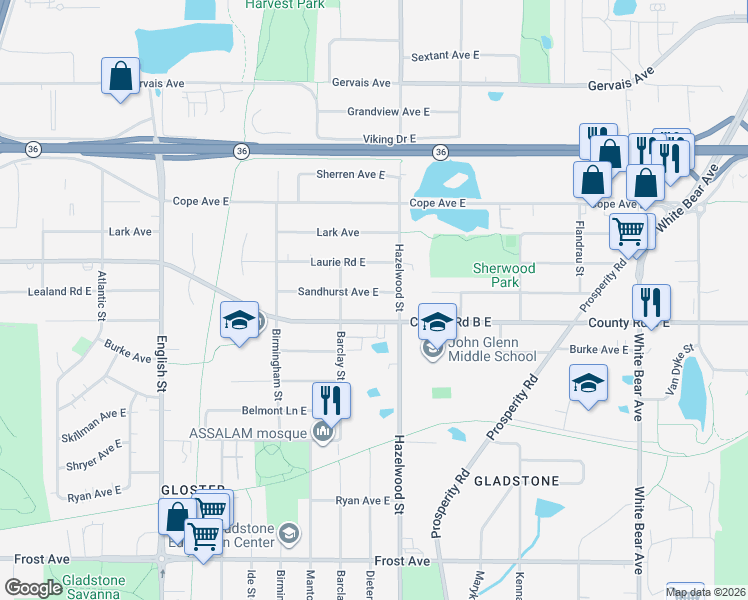 map of restaurants, bars, coffee shops, grocery stores, and more near 2199 Hazelwood Street in Saint Paul