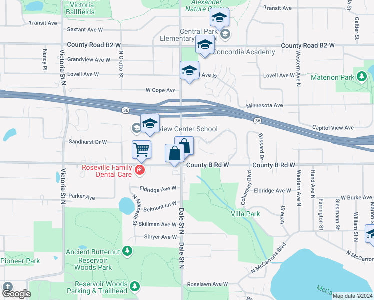 map of restaurants, bars, coffee shops, grocery stores, and more near 2202 Dale Street North in Roseville