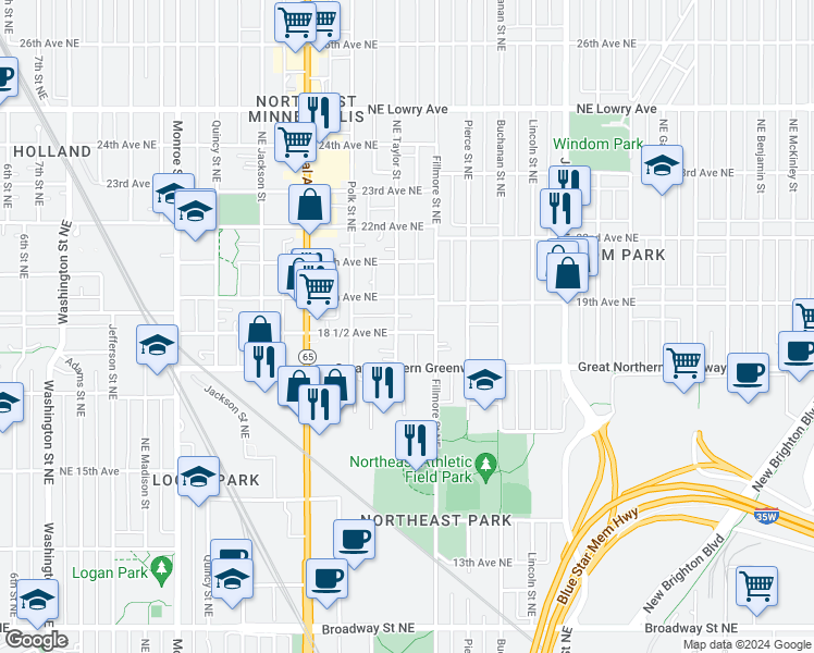 map of restaurants, bars, coffee shops, grocery stores, and more near 1112 19th Avenue Northeast in Minneapolis