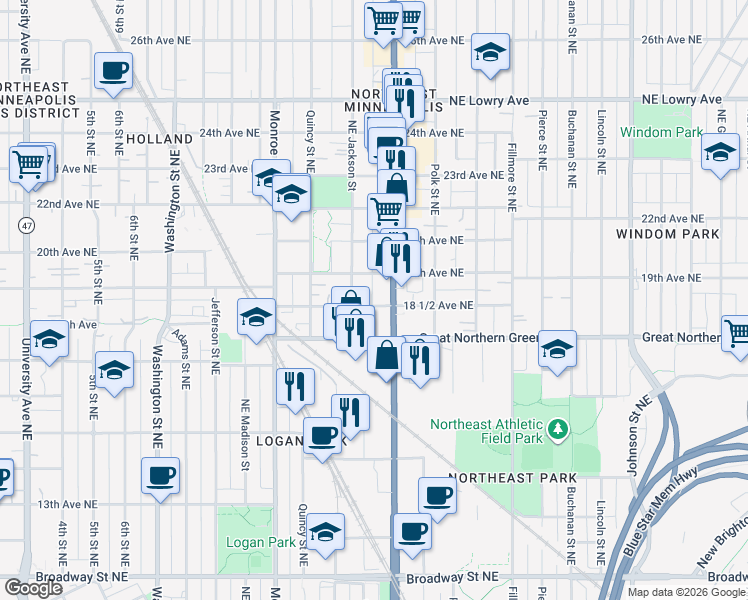 map of restaurants, bars, coffee shops, grocery stores, and more near in Minneapolis