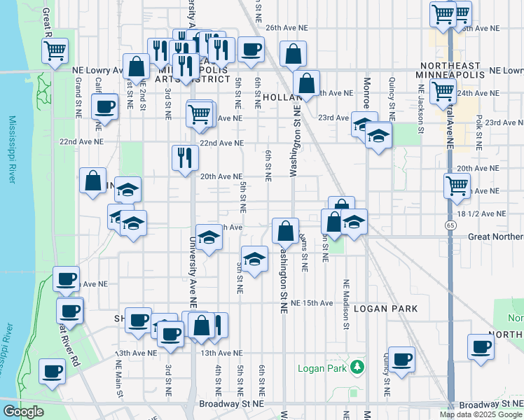 map of restaurants, bars, coffee shops, grocery stores, and more near 509 19th Avenue Northeast in Minneapolis
