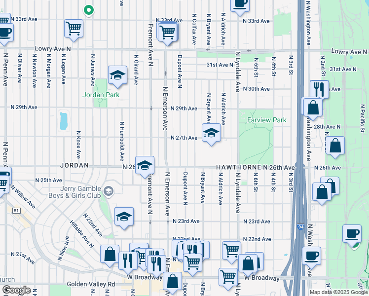 map of restaurants, bars, coffee shops, grocery stores, and more near 2654 Dupont Avenue North in Minneapolis