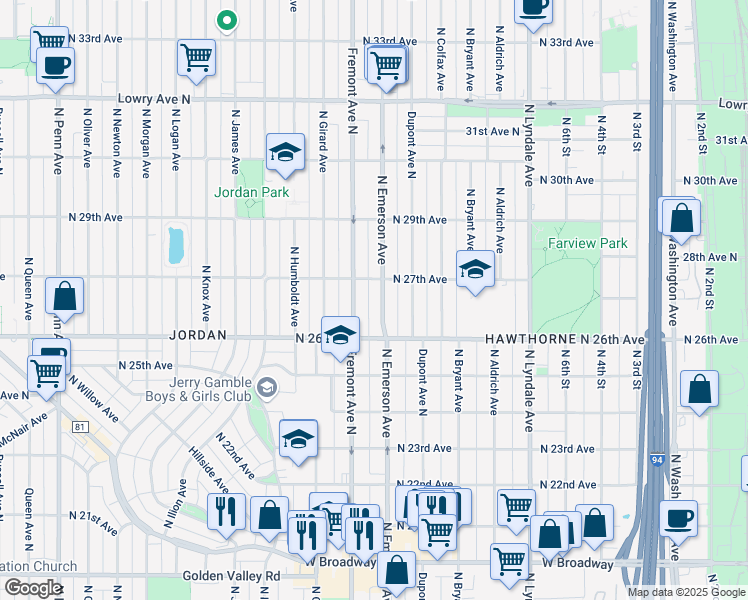 map of restaurants, bars, coffee shops, grocery stores, and more near 2654 North Emerson Avenue in Minneapolis