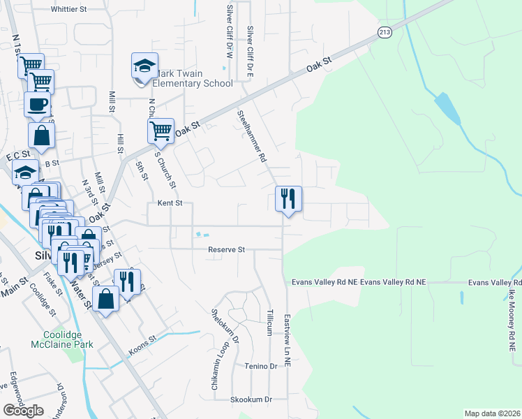 map of restaurants, bars, coffee shops, grocery stores, and more near 141 Steelhammer Road in Silverton