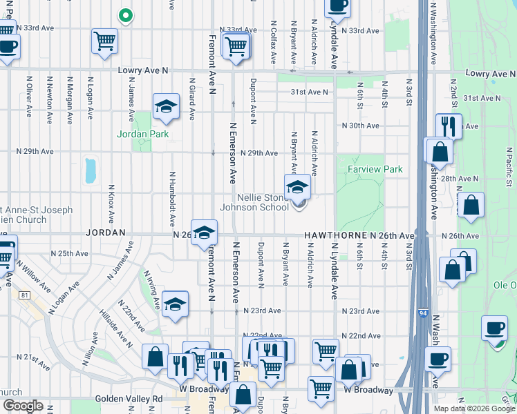 map of restaurants, bars, coffee shops, grocery stores, and more near 2654 Dupont Avenue North in Minneapolis