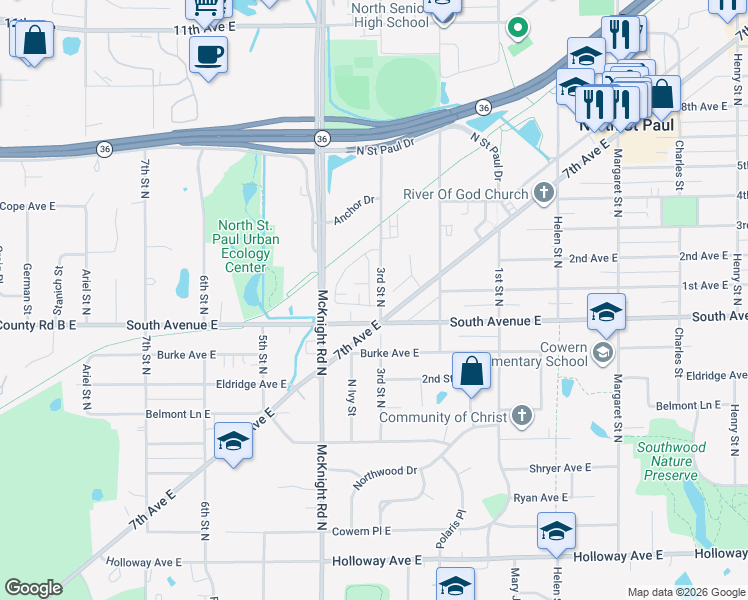 map of restaurants, bars, coffee shops, grocery stores, and more near 2316 Gateway Hill Road North in North Saint Paul