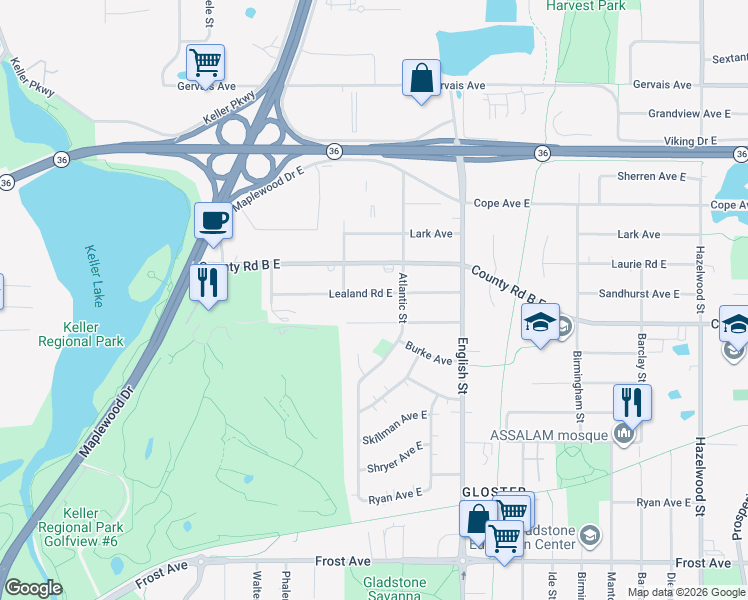 map of restaurants, bars, coffee shops, grocery stores, and more near 1212 Lealand Road East in Saint Paul