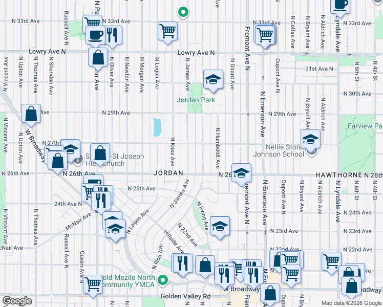 map of restaurants, bars, coffee shops, grocery stores, and more near 2650 North James Avenue in Minneapolis
